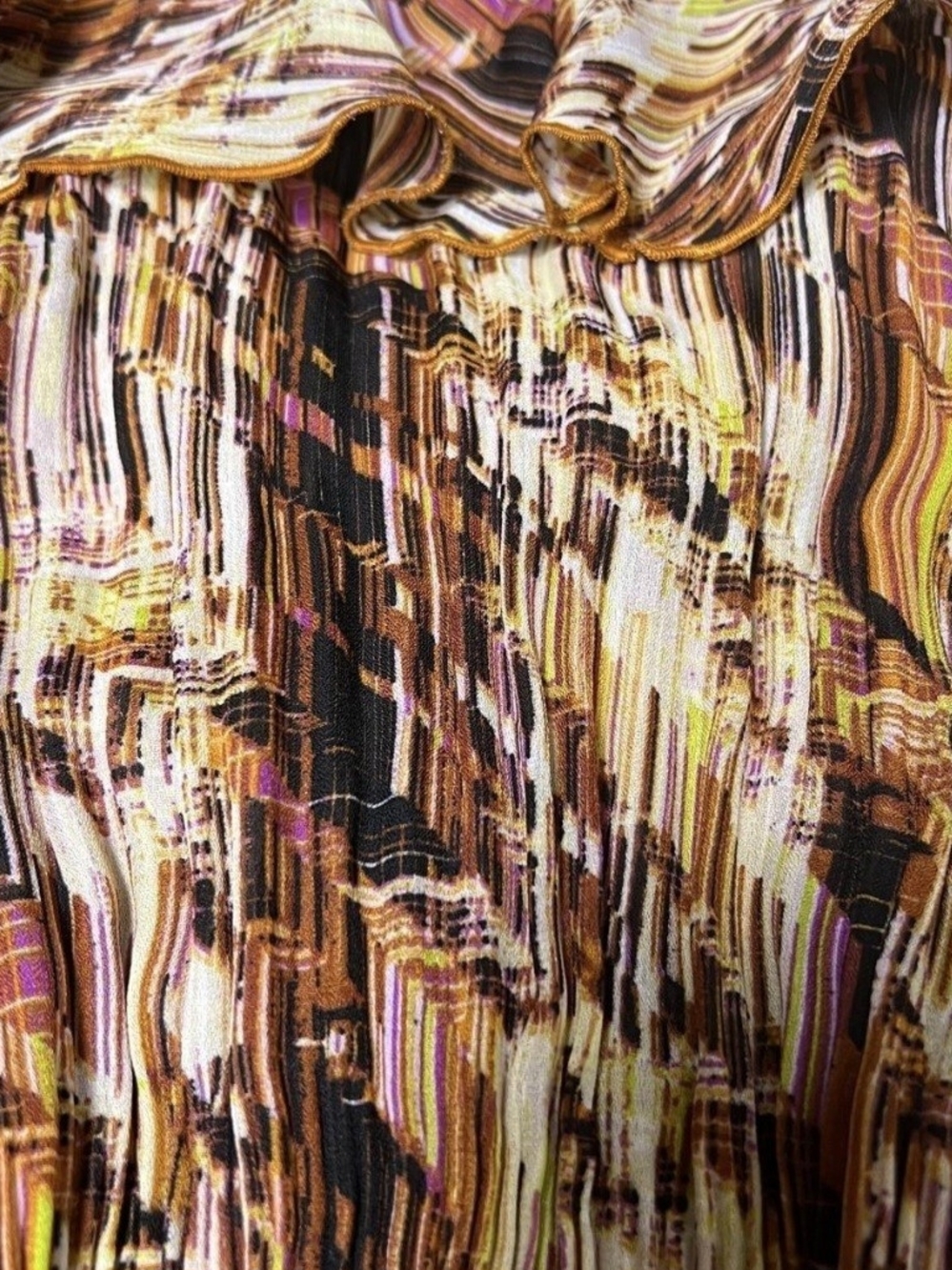 Whimsical Abstract Brown Multi-Stripe Ruffled Button-Front Blouse - Picture 5 of 5